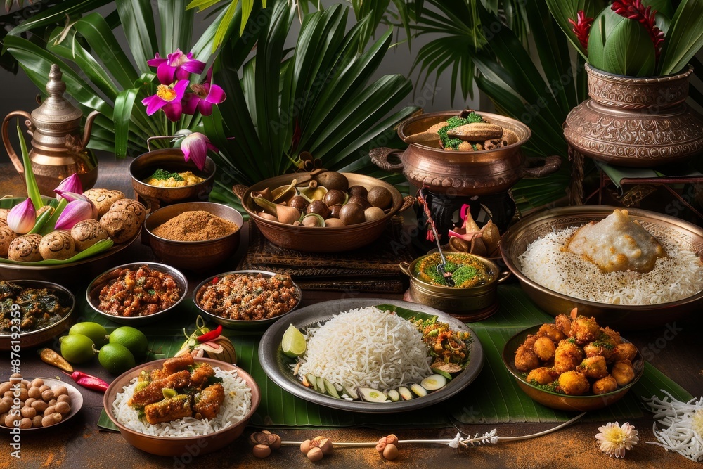 A table full of food with a lot of rice and a lot of different dishes generated by AI