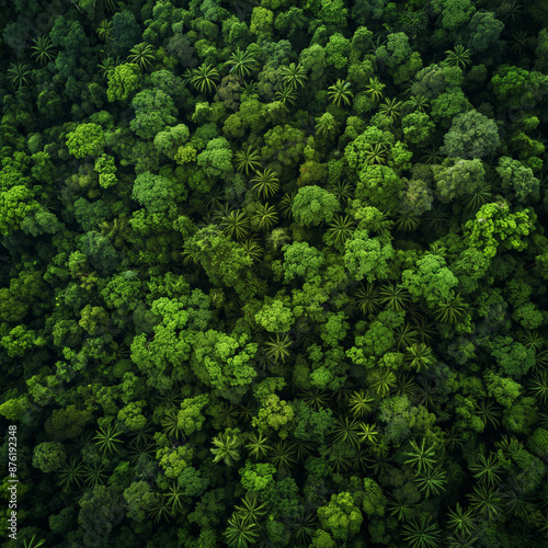 An expansive aerial view captures a dense, dark green forest canopy, showcasing the abundant natural ecosystems of a rainforest © SANA