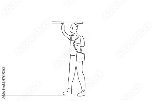 human person public bus train travel stand wait student with bag one line art design vector