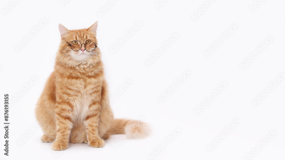Obraz premium Orange cat wearing glasses against a white background. Cute ginger Cat sitting and looking directly at the camera. Close-up shot ideal for pet-themed products or advertising. Smart cat. Copy space. 