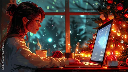 Christmas Synthwave anime manga girl, lofi background wallpaper design, anime girl, Manga Style, illustration, 16:9, video background, seamless loop