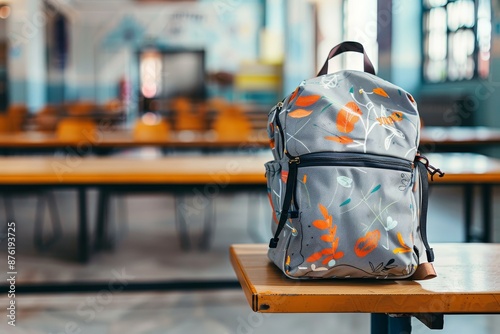 A backpack with a floral print sits on a table in a school cafeteria generated by AI