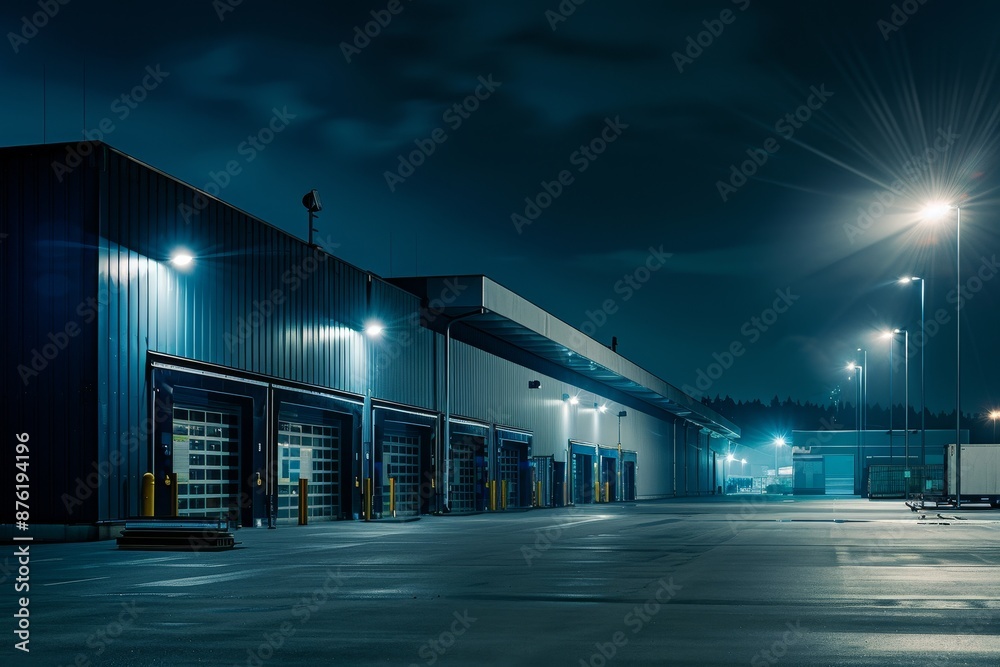 A large industrial building with a lot of light shining on it generated by AI A large industrial building with a lot of light shining on it generated by AI