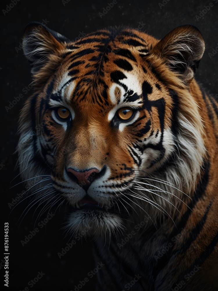 Fototapeta premium A tiger head looking at camera in black background