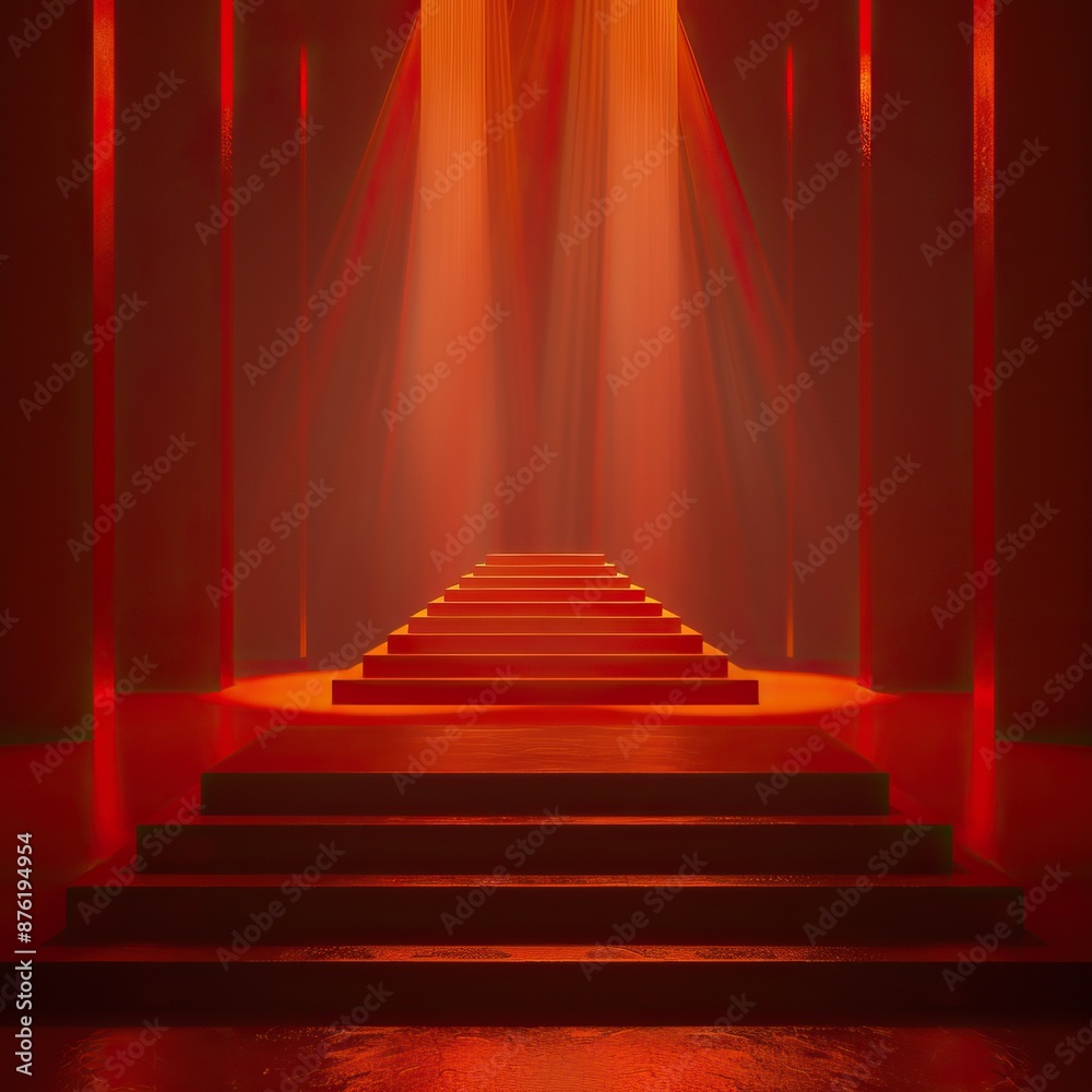 Mysterious red-lit stairway leading to a glowing platform, ethereal ambiance, abstract architectural design, dramatic lighting effect.