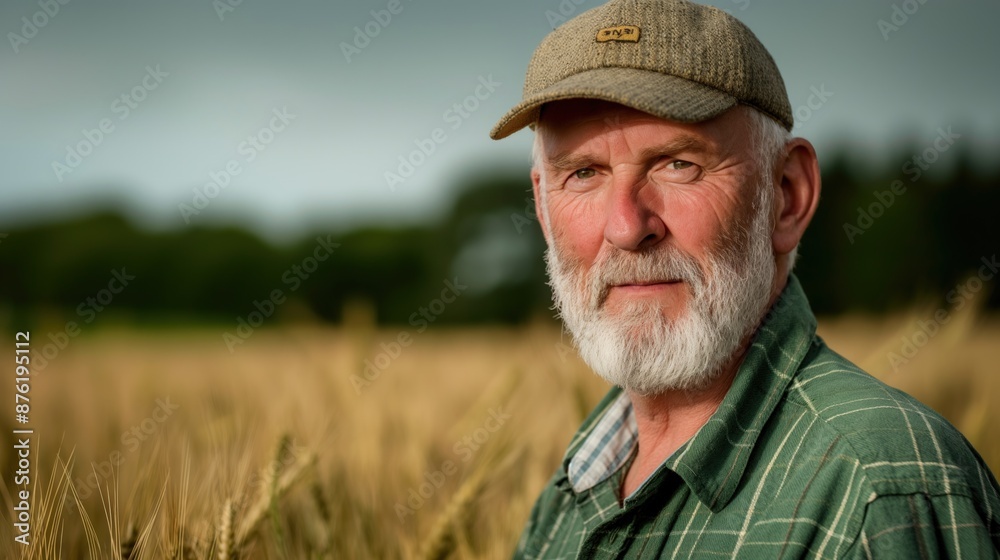 A mature farmer, wearing a plaid shirt and a cap, stands in a field of wheat A mature farmer, wearing a plaid shirt and a cap, stands in a field of wheat