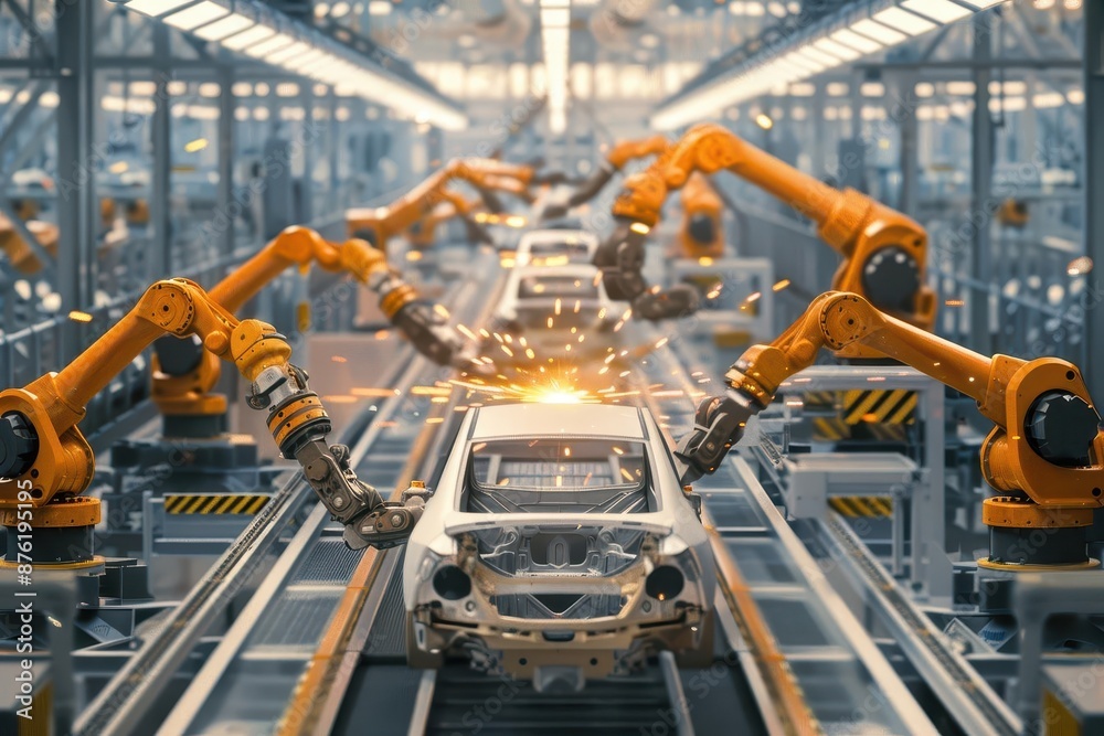robotic arms assembling cars on automated factory line industrial automation robotic arms assembling cars on automated factory line industrial automation