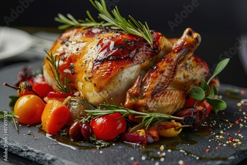 roasted chicken with herbs and vegetables gourmet meal presentation studio food photography