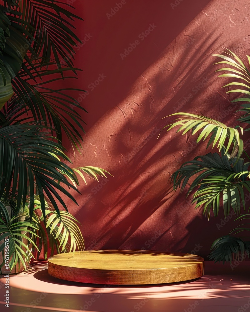 Obraz premium A minimalist wooden platform surrounded by lush tropical plants casting shadows on a pink wall in natural sunlight.