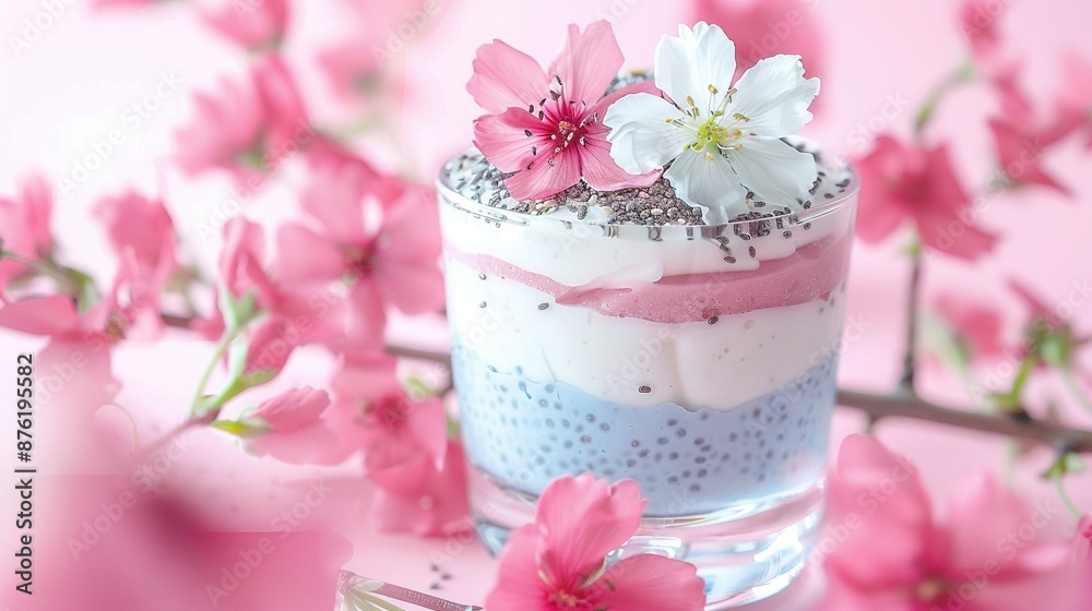 A close-up of a dessert in a glass, with pink flowers beside it on a table A close-up of a dessert in a glass, with pink flowers beside it on a table