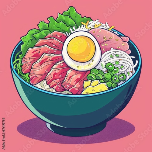 Anime-Inspired Japanese Donburi Illustration, a Fusion of Traditional Cuisine and Modern AI Art, Perfect for Foodies and Tech Enthusiasts Alike photo