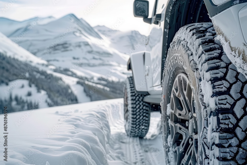 rugged suv tire grips snowy mountain road showcasing superior winter traction crisp detail of tread pattern against pristine white landscape evokes adventure and safety in harsh conditions rugged suv tire grips snowy mountain road showcasing superior winter traction crisp detail of tread pattern against pristine white landscape evokes adventure and safety in harsh conditions