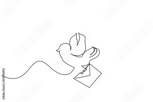 bird pigeon taking letter message flying in the air one line art design vector