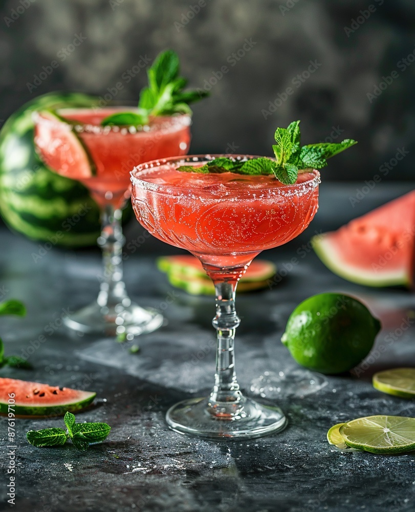 Two watermelon margaritas with a mint garnish sit on a table next to watermelon slices Two watermelon margaritas with a mint garnish sit on a table next to watermelon slices