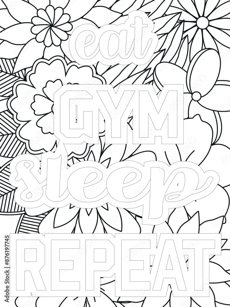 Gym Quotes Flower Coloring Page Beautiful black and white illustration for adult coloring book Gym Quotes Flower Coloring Page Beautiful black and white illustration for adult coloring book