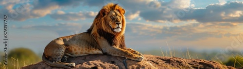 Regal Lion Resting on Rock in Savanna, King of the Jungle Majestically Observing Surroundings