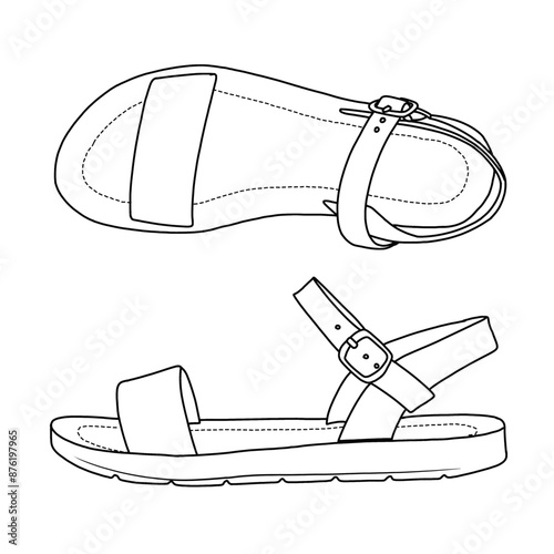 Women's Open Toes One Band Ankle Strap Flat Sandals Line art, Technical sketch hand drawing outline vector doodle illustration isolated on white background