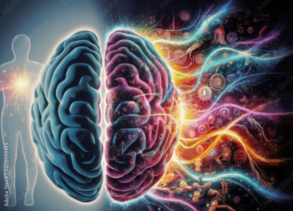 A captivating surreal illustration of a split-brain, with the right hemisphere bursting with vibrant colors, symbols, and imagery. illustration, 3d render, photo, painting, fashion A captivating surreal illustration of a split-brain, with the right hemisphere bursting with vibrant colors, symbols, and imagery. illustration, 3d render, photo, painting, fashion