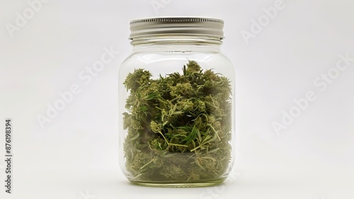 Close-up of a jar filled with marijuana buds on a white background photo