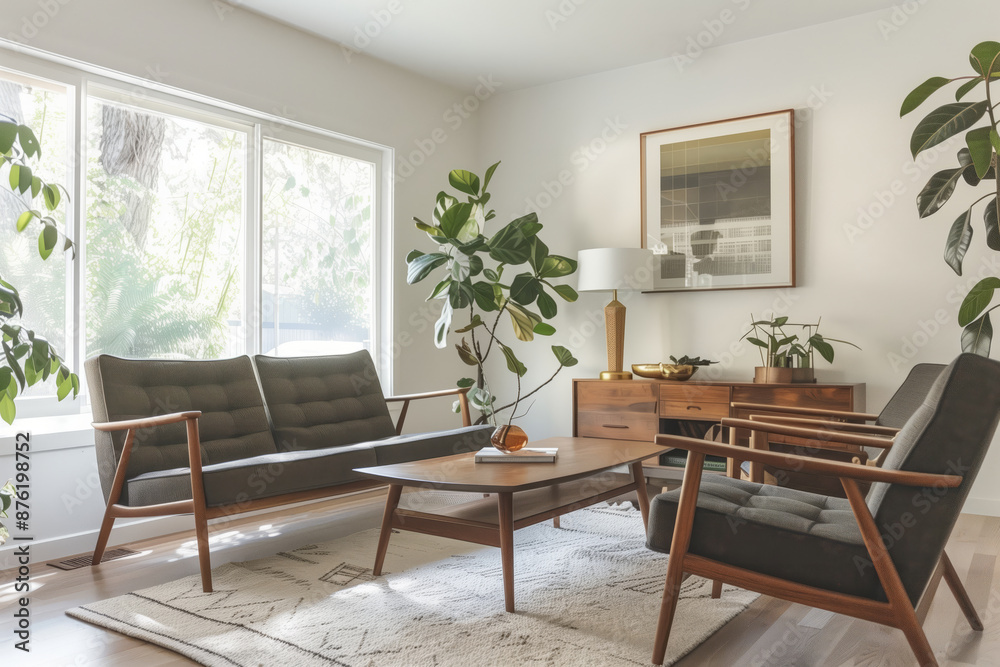 Fototapeta premium A modern living room with mid-century furniture, including a sofa, two armchairs, a coffee table, a lamp, and a large window overlooking a lush green garden