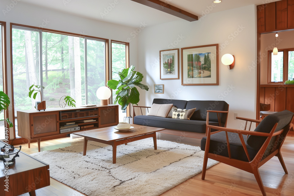 Spacious living room with large windows, minimalist mid-century furniture, white walls, and warm atmosphere overlooking a lush green landscape Spacious living room with large windows, minimalist mid-century furniture, white walls, and warm atmosphere overlooking a lush green landscape