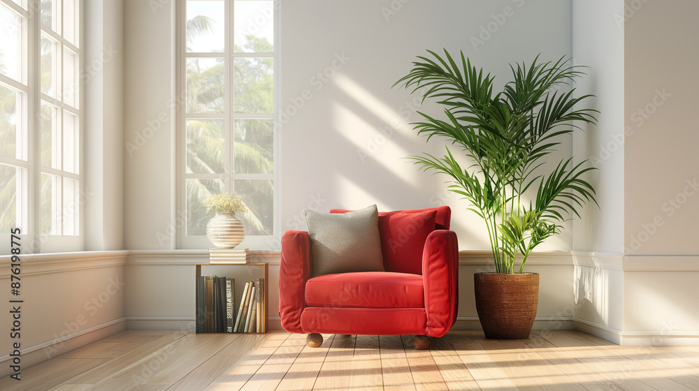 Fototapeta premium Red Armchair with Wooden Side Table and Indoor Plant, and Large Window