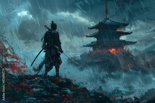 Lone samurai warrior in traditional attire stands on a hilltop overlooking a pagoda in the rain photo