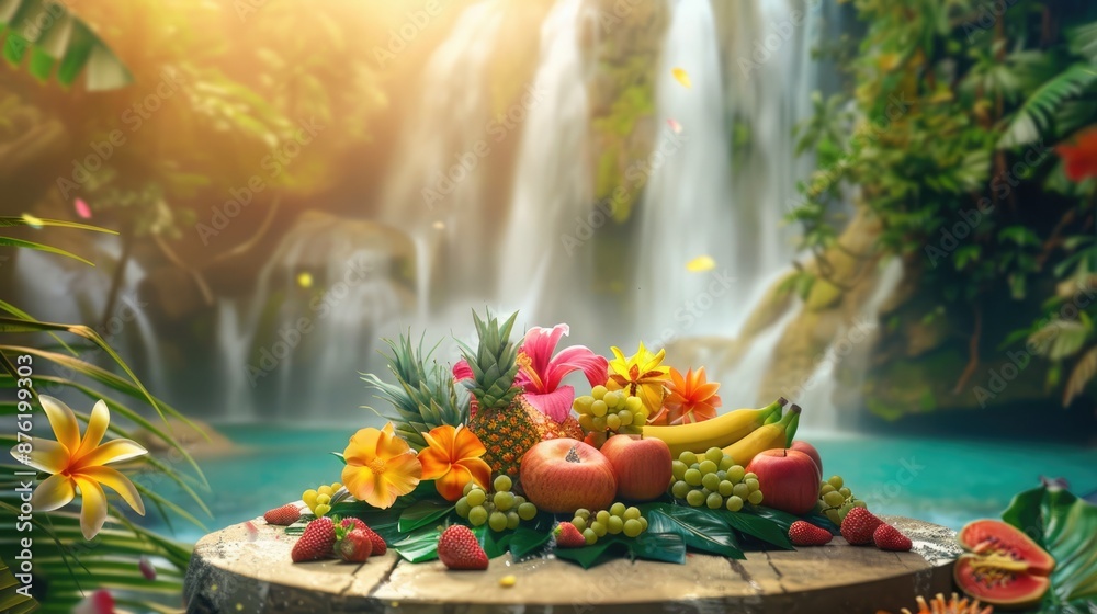 custom made wallpaper toronto digitalVibrant and colorful podium with tropical fruits and flowers, set against the fresh backdrop of a tropical waterfall. Podium tropical