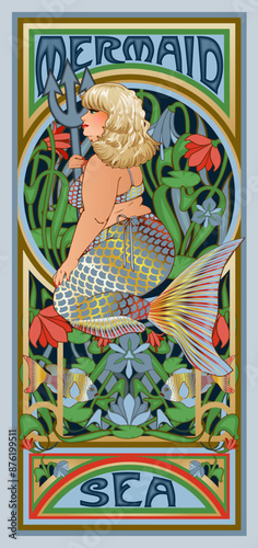 Mermaid sea XXL with Trident in art nouveau style,vector illustration