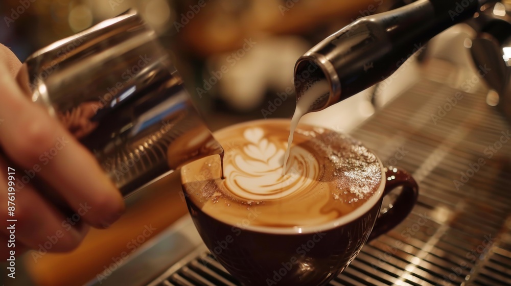 Artisanal Barista Crafting Latte Art in Coffee Cup with Precision Close-Up Shot Artisanal Barista Crafting Latte Art in Coffee Cup with Precision Close-Up Shot