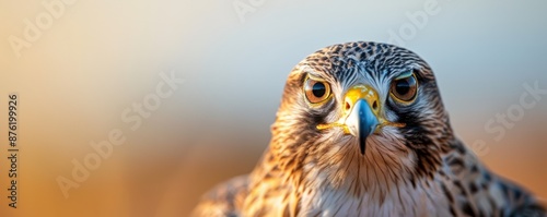 A close-up of a falcon's face. The falcon is looking at the camera with its piercing yellow eyes. photo