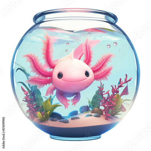 pink axolotl in a round glass aquarium, children's illustration of pet, transparent background, no background