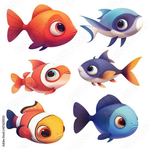 Set of illustrations of aquarium tropical sea fish, children's bright cartoon stickers, clipart illustration on a transparent background