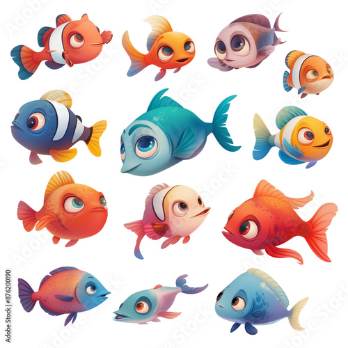 Set of illustrations of aquarium tropical sea fish, children's bright cartoon stickers, clipart illustration on a transparent background