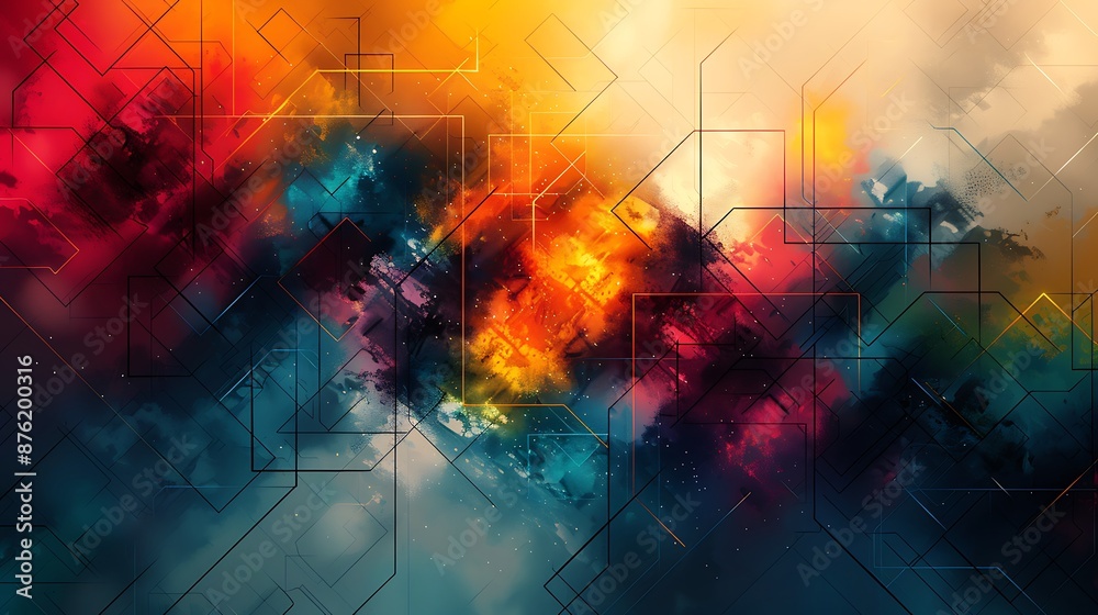 A vibrant geometric abstract background with an abstract grid featuring distorted lines, color transitions from green to teal to blue. A vibrant geometric abstract background with an abstract grid featuring distorted lines, color transitions from green to teal to blue.