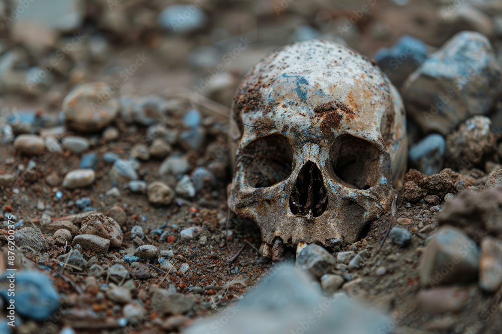 a skull is laying on the ground with a few small rocks a skull is laying on the ground with a few small rocks