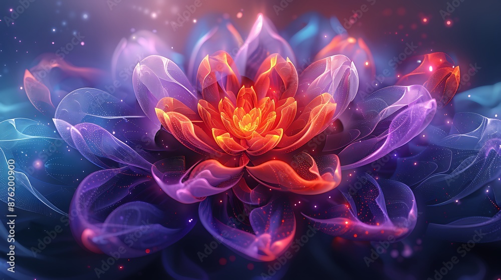 Obraz premium A vibrant geometric abstract background with an intricate mandala, color transitions from purple to blue to teal.