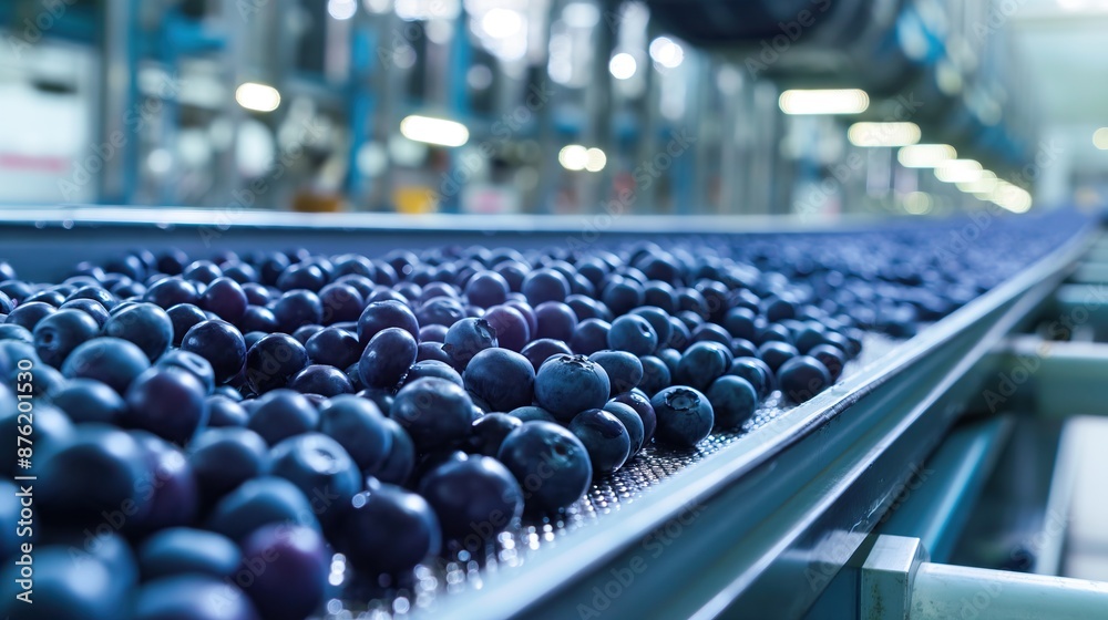 Fototapeta premium blueberries on conveyor belt rollers or production line, automated industrial factory manufacture