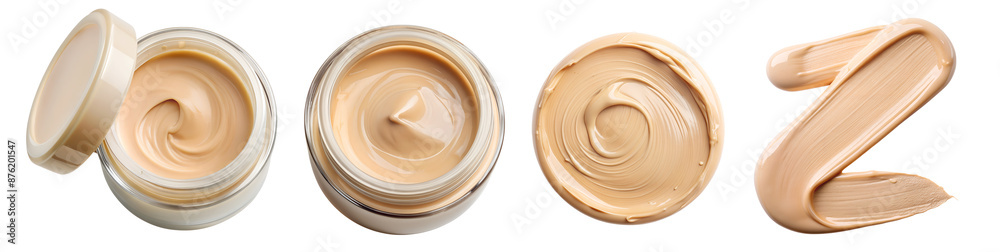Makeup foundation cream set in cosmetic jar and swatches, isolated on transparent white background, png. Foundation cream, concealer Makeup foundation cream set in cosmetic jar and swatches, isolated on transparent white background, png. Foundation cream, concealer