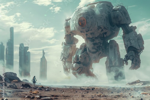 Future Dystopian Landscape with a Colossal Robot, Emblematic of Advanced Technology and Societal Shifts, Perfect for Speculative Fiction and Futuristic Concepts photo