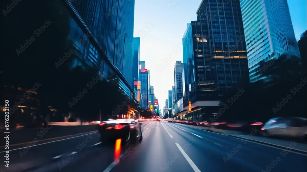 The camera moves along a long city street, showing changing lights and activity. Moving shadows from passing cars and pedestrians are visible. The camera moves along a long city street, showing changing lights and activity. Moving shadows from passing cars and pedestrians are visible.