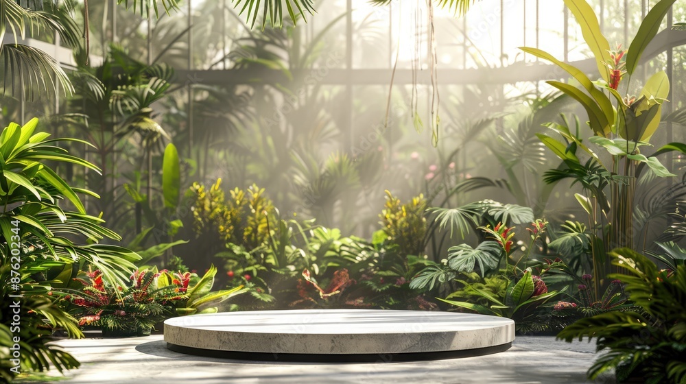 Minimalist podium in a tropical conservatory, surrounded by diverse tropical plants and flowers, bright and airy with natural light. Podium tropical Minimalist podium in a tropical conservatory, surrounded by diverse tropical plants and flowers, bright and airy with natural light. Podium tropical