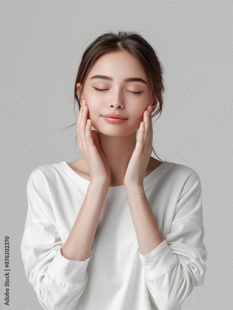 Young woman with closed eyes gently touching her face, wearing white shirt, expressing relaxation and serenity against grey background. Young woman with closed eyes gently touching her face, wearing white shirt, expressing relaxation and serenity against grey background.