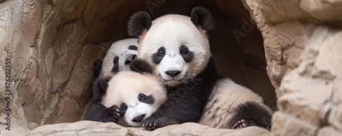 Panda family cuddling together in a cozy cave, heartwarming, familial