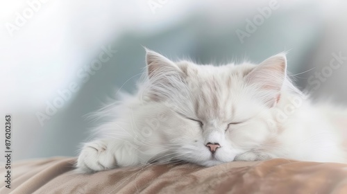 White Persian cat resting on a royal velvet cushion, regal, opulent