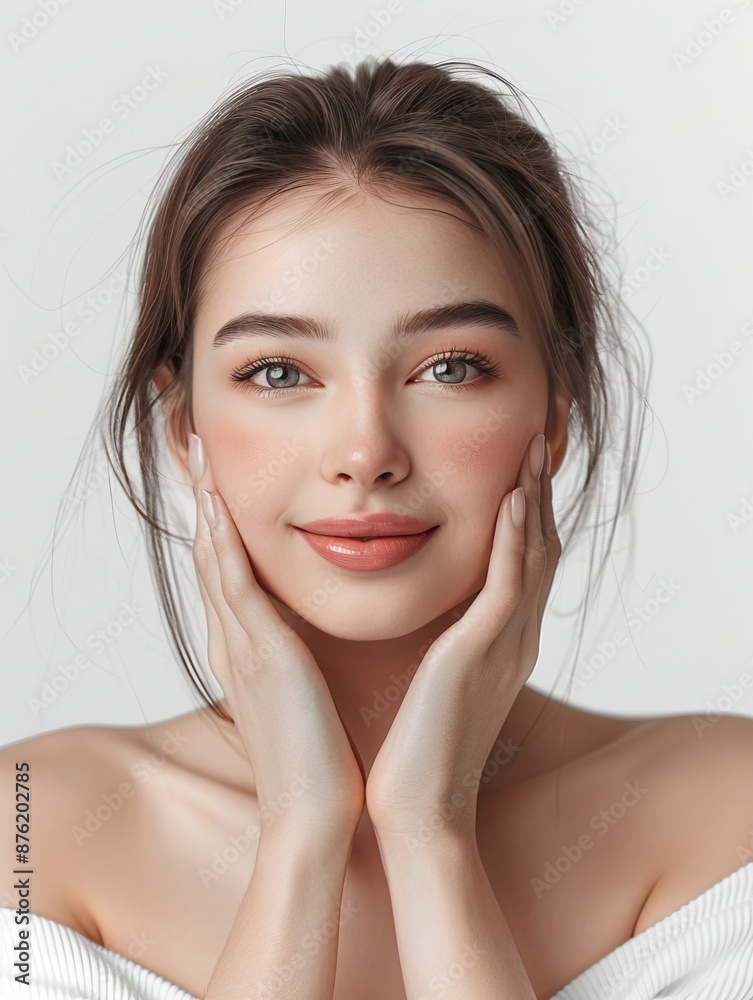 Portrait of a young woman with soft makeup and natural beauty, gently holding her face with a serene expression against a neutral background. Portrait of a young woman with soft makeup and natural beauty, gently holding her face with a serene expression against a neutral background.
