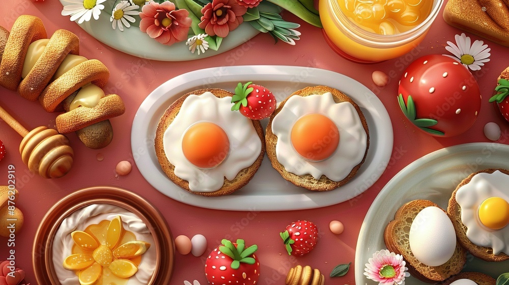 A table adorned with dishes of food, surrounded by a bowl of fruit and a plate of eggs atop bread A table adorned with dishes of food, surrounded by a bowl of fruit and a plate of eggs atop bread