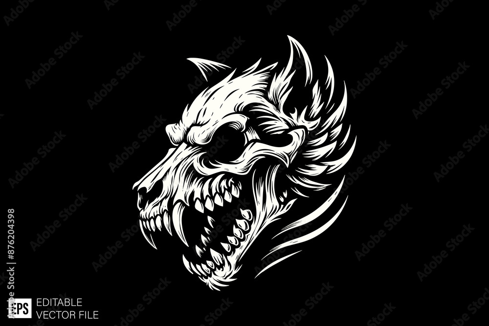 wolf skeleton head monster black and white vector clip art silhouette graphic design