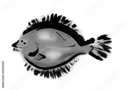 魚の平目の手書き和風筆イラスト素材　右向き