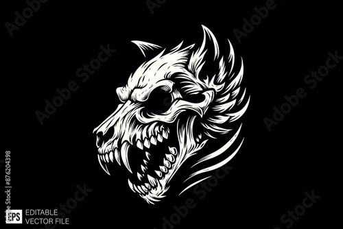 wolf skeleton head monster black and white vector clip art silhouette graphic design